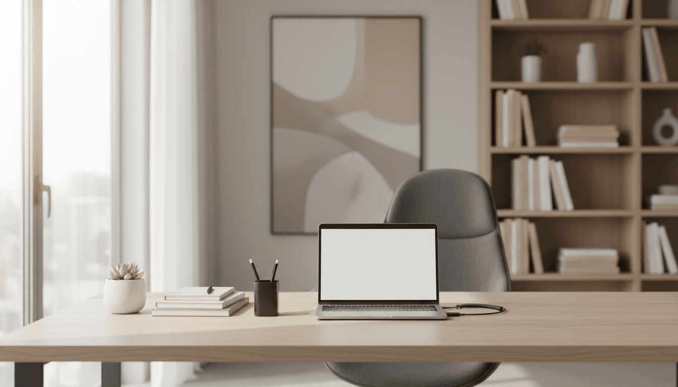 Modern office workspace with a laptop and clean desk
