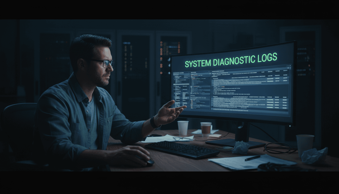 IT consultant examining diagnostic logs on a desktop monitor in a low-lit office