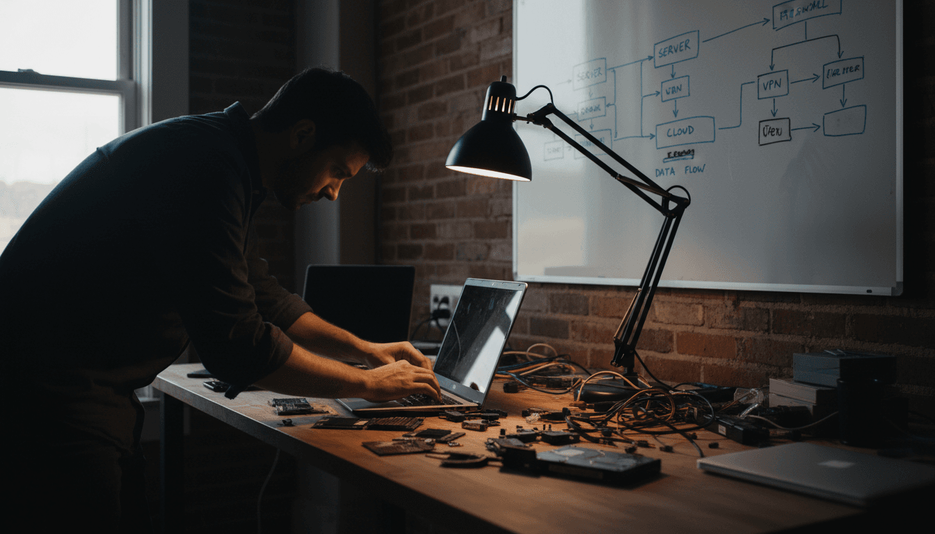 IT consultant fixing a laptop at a workbench