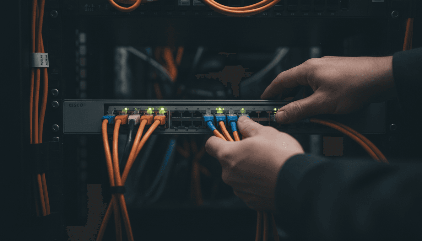 Hands connecting ethernet cables to a network switch in low light