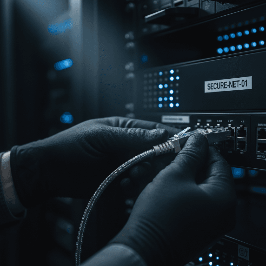 Hands connecting an ethernet cable to a server rack switch