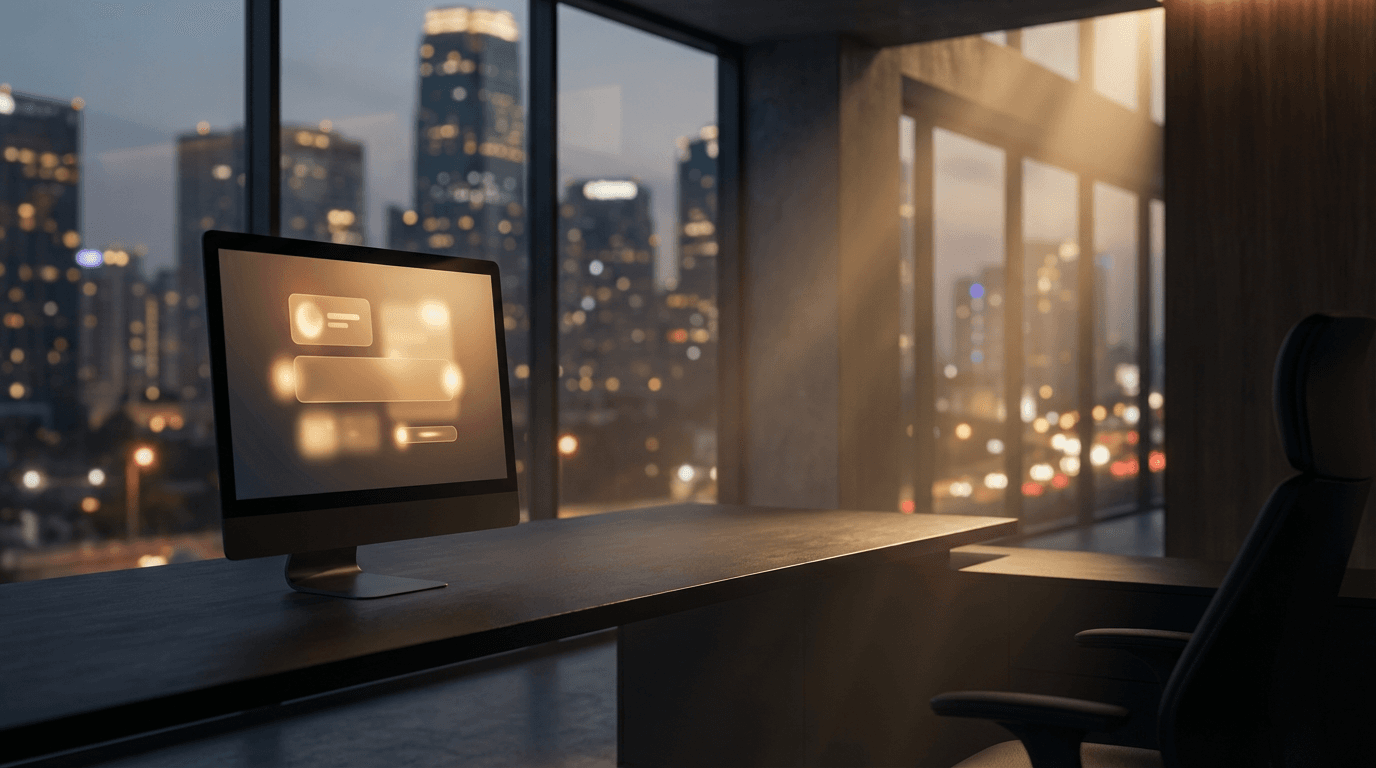 Dark IT workspace with server racks and a monitor glowing at dusk