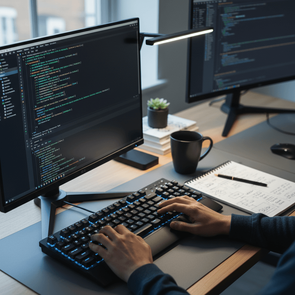 IT office workspace with monitors and code