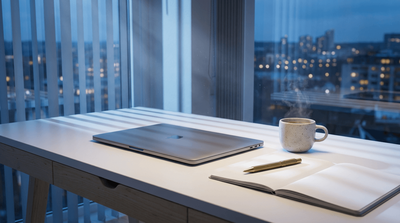 Minimalist IT workspace with a glowing monitor at dusk
