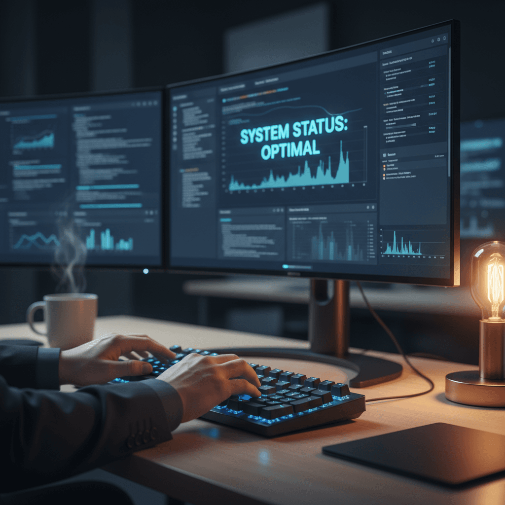 IT consultant reviewing system dashboards on multiple monitors