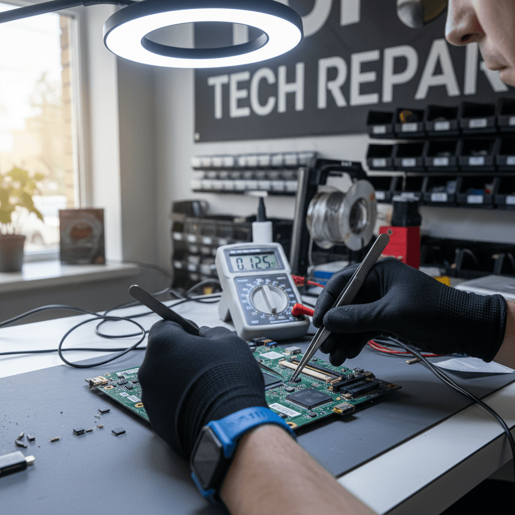 Technician inspecting a computer motherboard