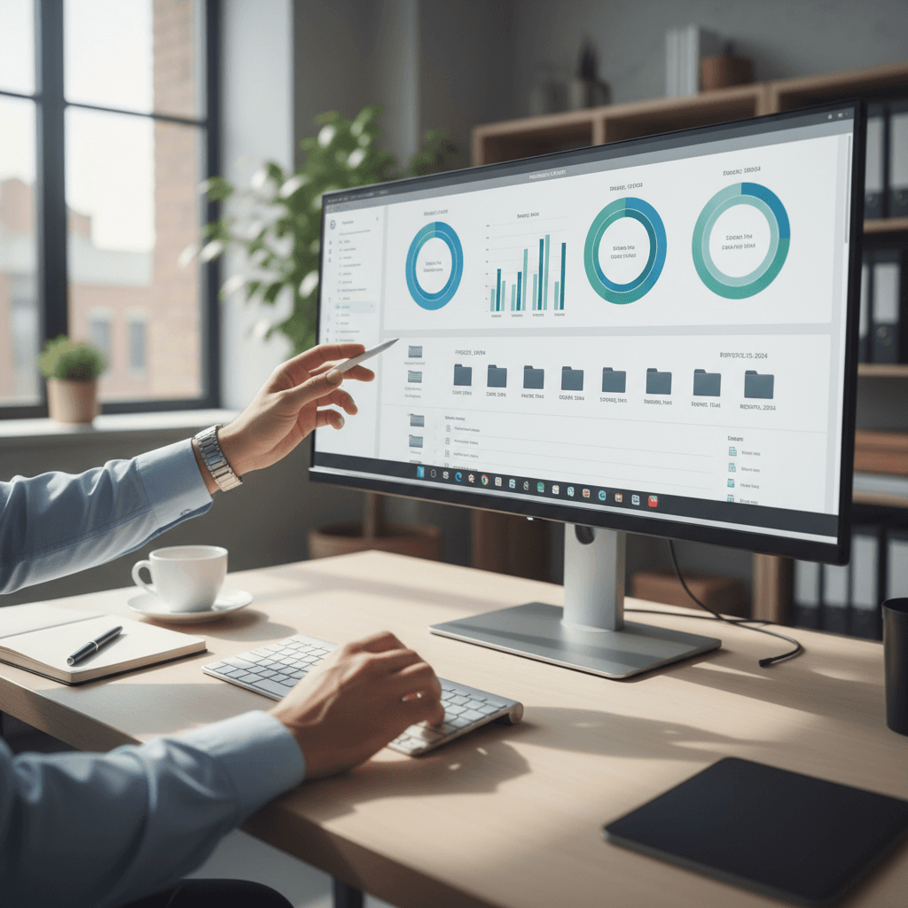 Consultant working at a desk with multiple monitors showing network dashboards