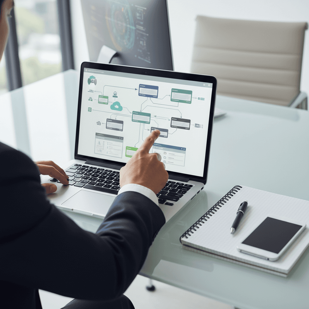 IT consultant's workspace with laptop and network diagrams in Fort Collins