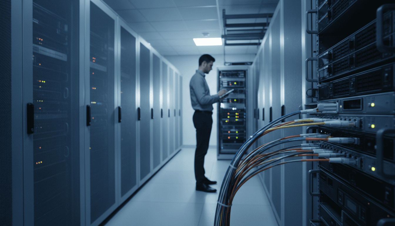IT consultant working in a server room with cables and equipment