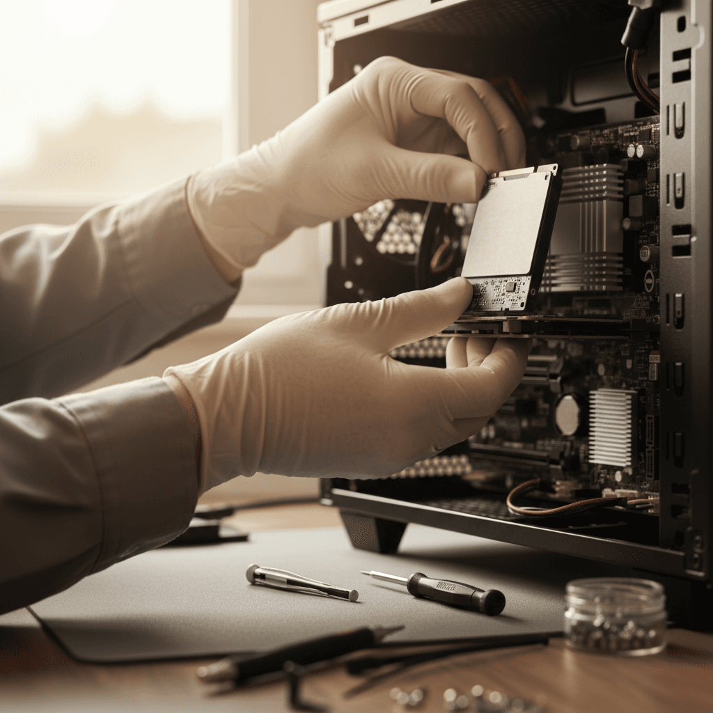 Technician installing an SSD into an open laptop